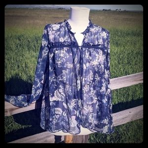 A.N.A. blue sheer floral peasant blouse size Med